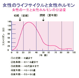 女性のライフサイクルと女性ホルモンのグラフ